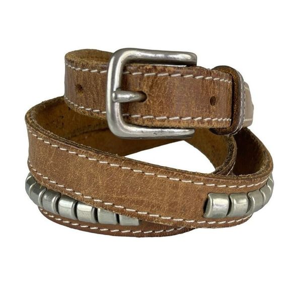 Vintage Accessories - VINTAGE Leather Belt Thin Brown Silver Studded Made In Italy Silver Buckle XS